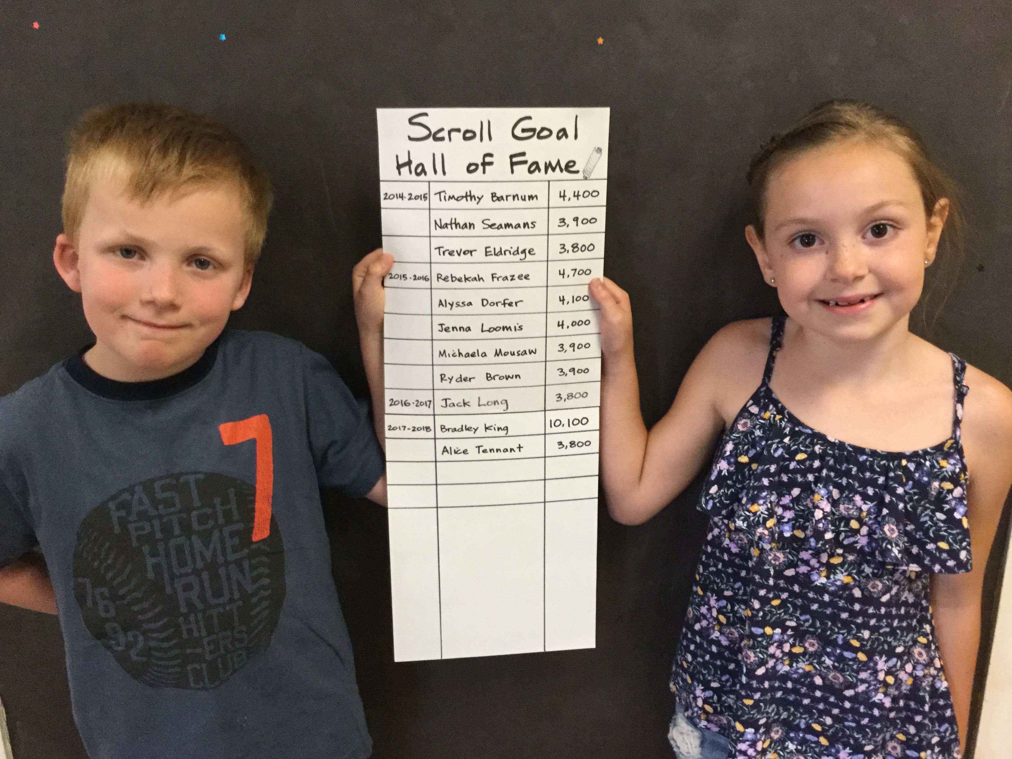 two students holding the scroll hall of fame